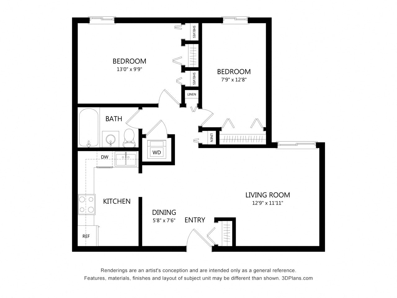 Floor plan for 2 beds, 1 bath, 800 sqft